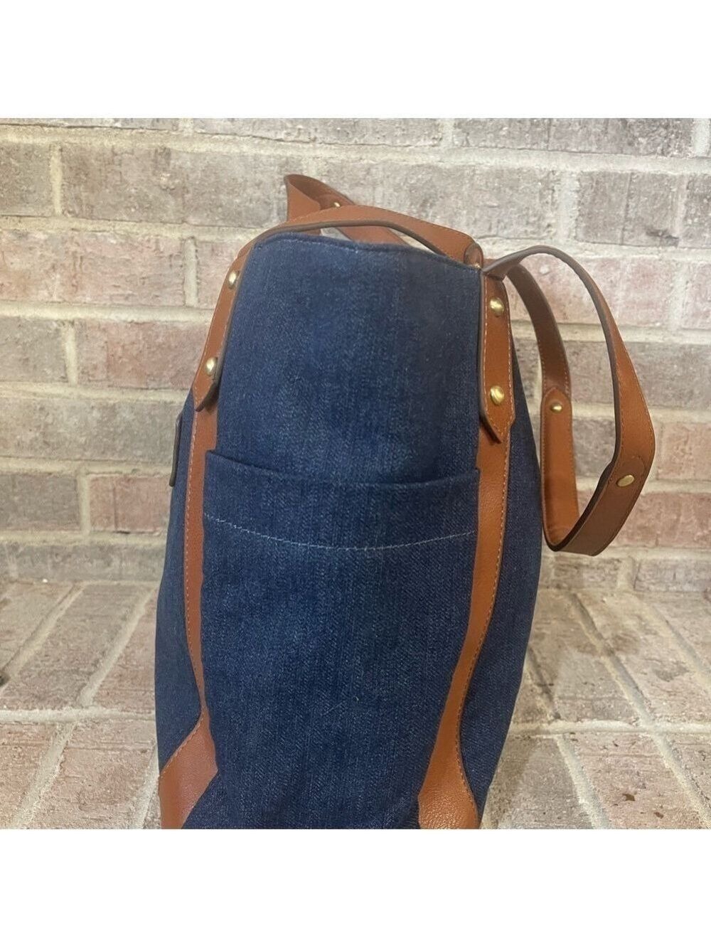 Stylish Denim and Brown Tote Bag - Picture 6 of 10